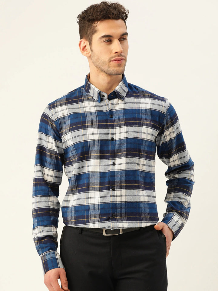 Men Navy & White Checks Pure Cotton Slim Fit Formal Shirt