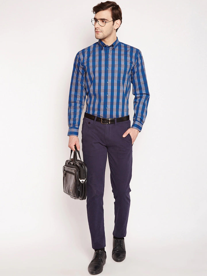 Men blue Checks Pure Cotton Slim Fit Formal Shirt