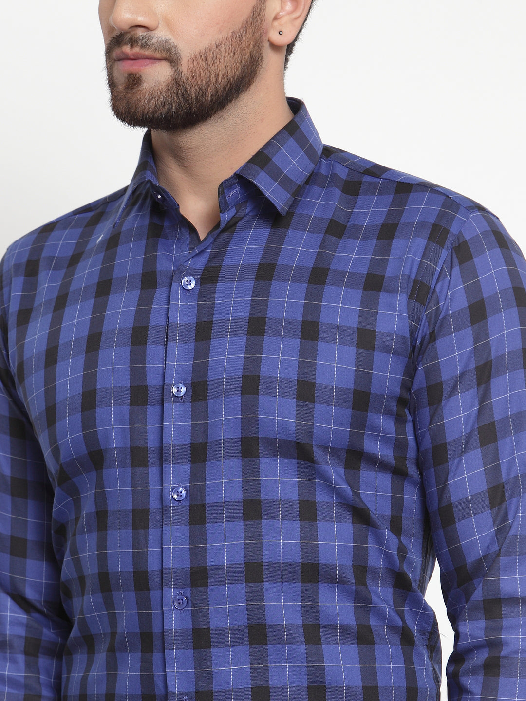 Men Navy Pure Cotton Checked Slim Fit Formal Shirt