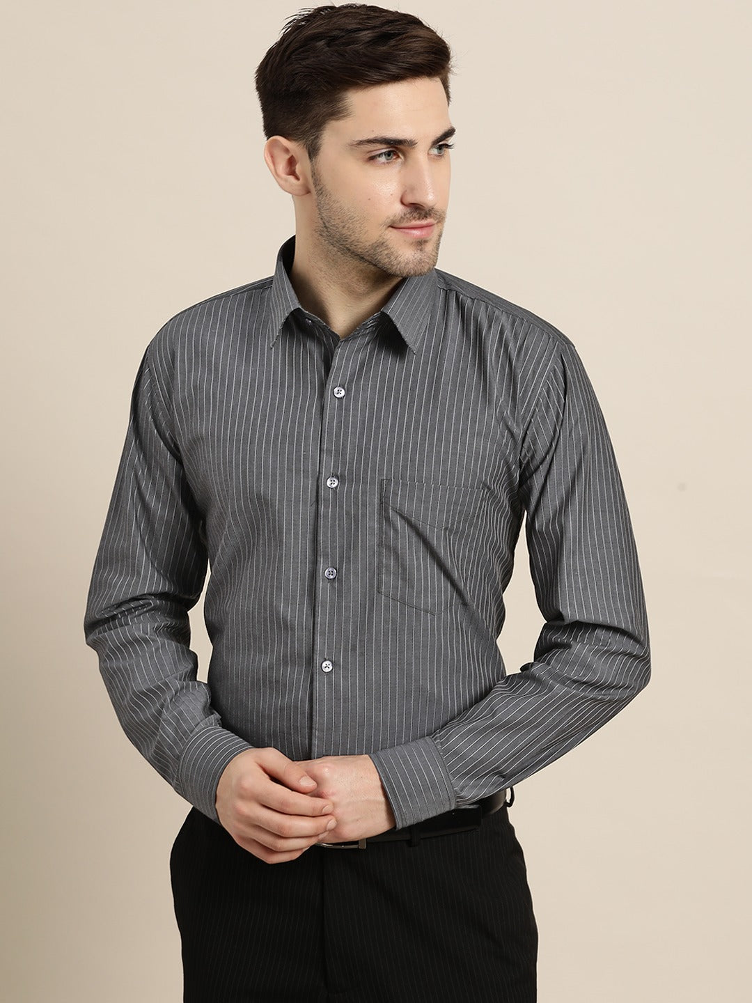 Men Grey Stripes Pure Cotton Slim Fit Formal Shirt