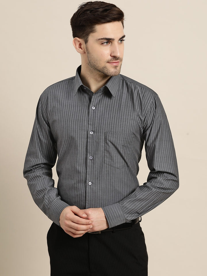 Men Grey Stripes Pure Cotton Slim Fit Formal Shirt