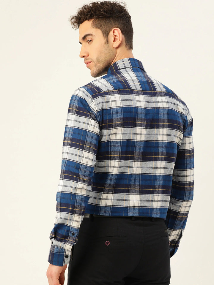 Men Navy & White Checks Pure Cotton Slim Fit Formal Shirt