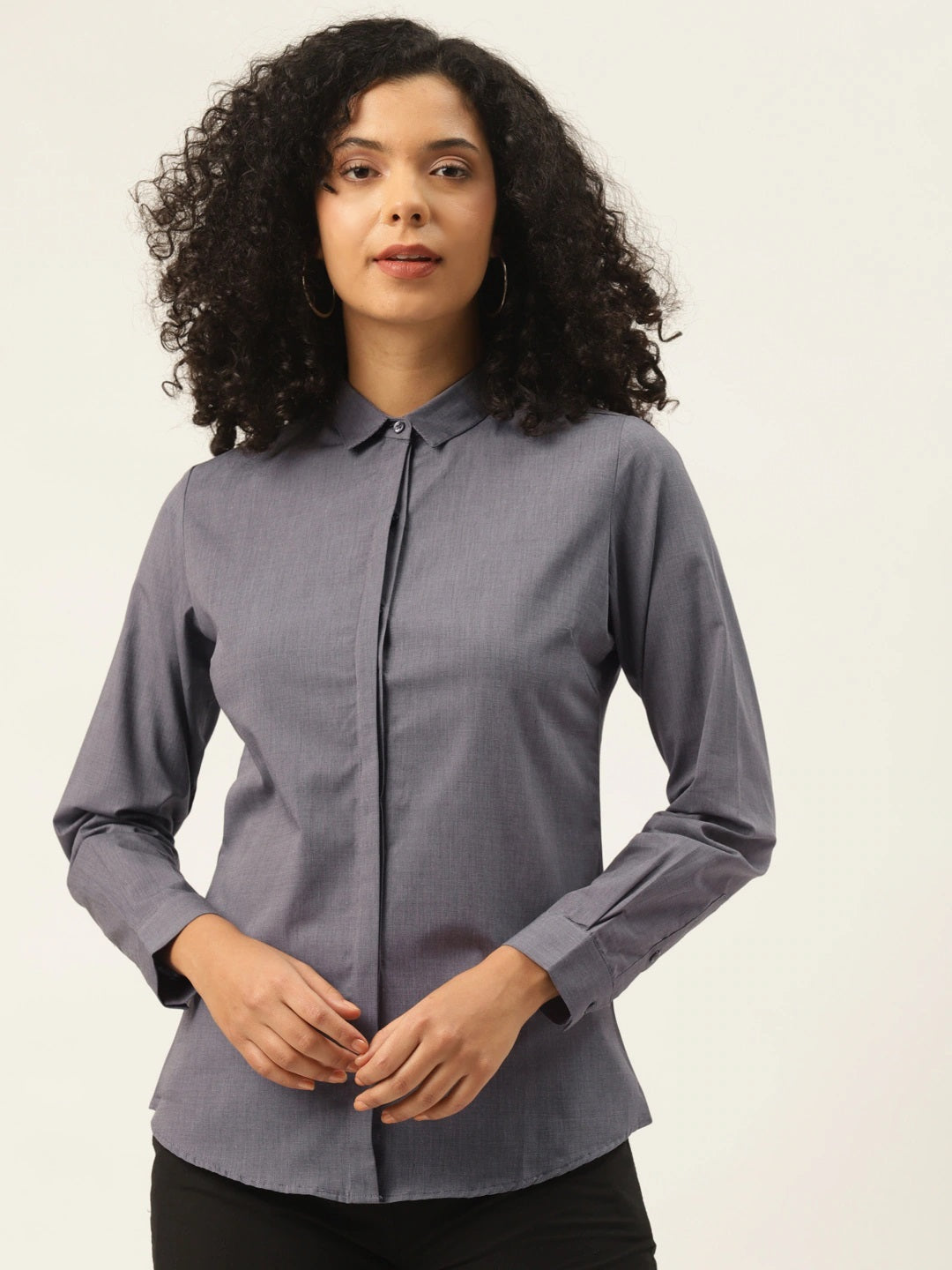 Women Grey Solids Pure Cotton Slim Fit Formal Shirt