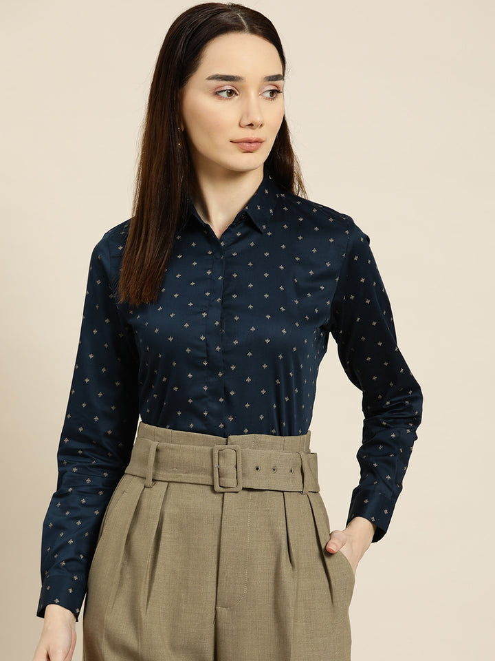Women Navy Prints Pure Cotton Slim Fit Formal Shirt