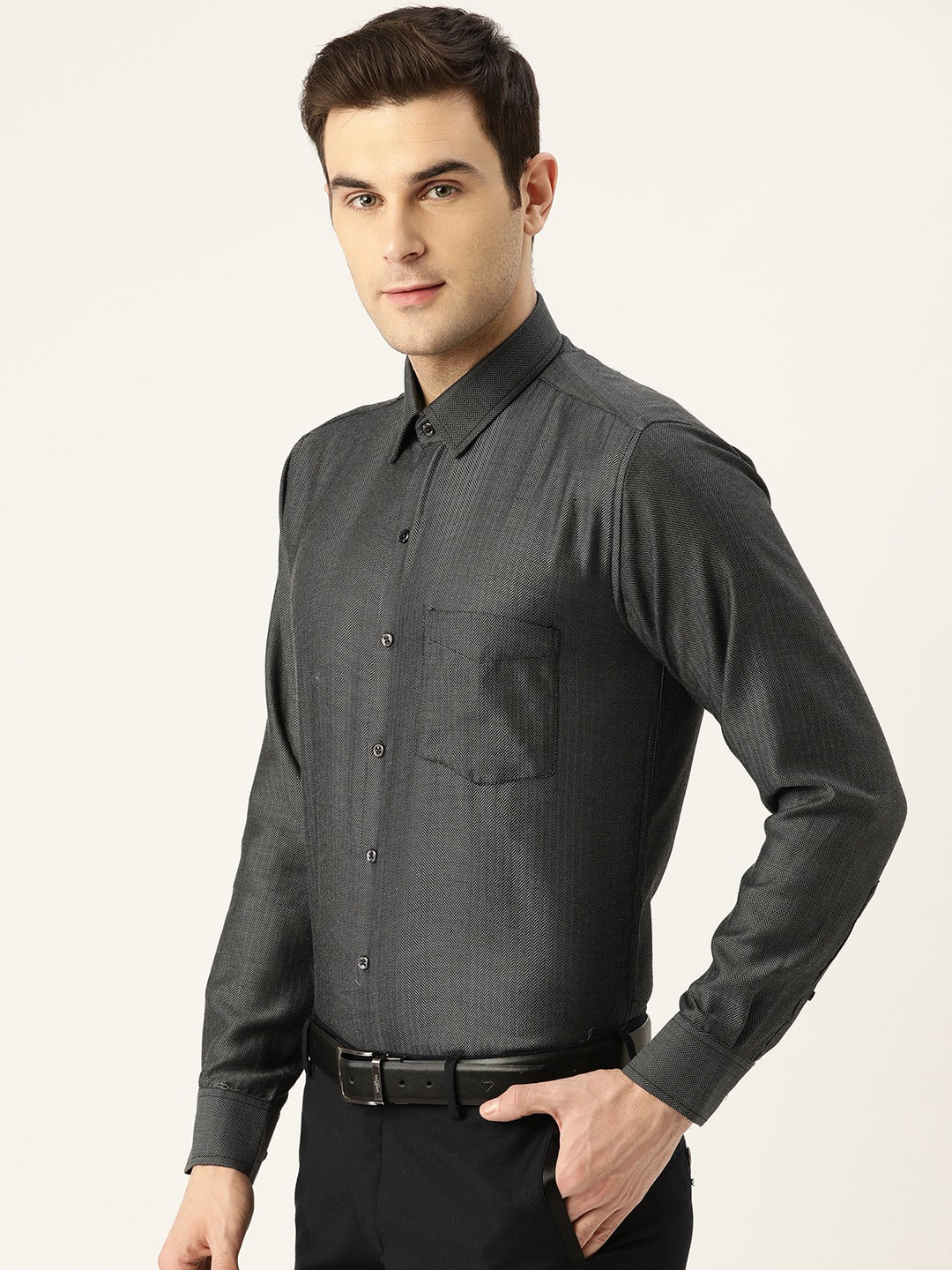 Men Dark Grey Solids Pure Cotton Slim Fit Formal Shirt