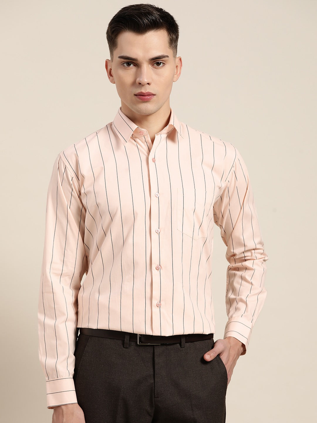 Men Pink Stripes Pure Cotton Slim Fit Formal Shirt