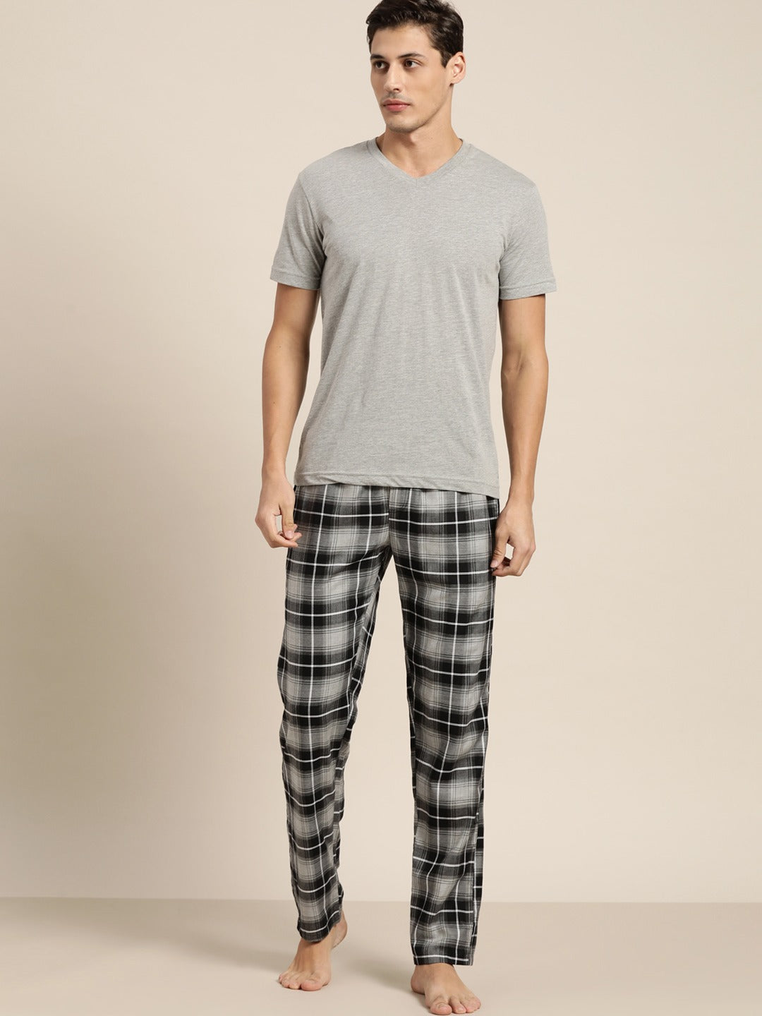 Men Black & Grey Checked Cotton Relaxed Fit Casual Lounge Pant