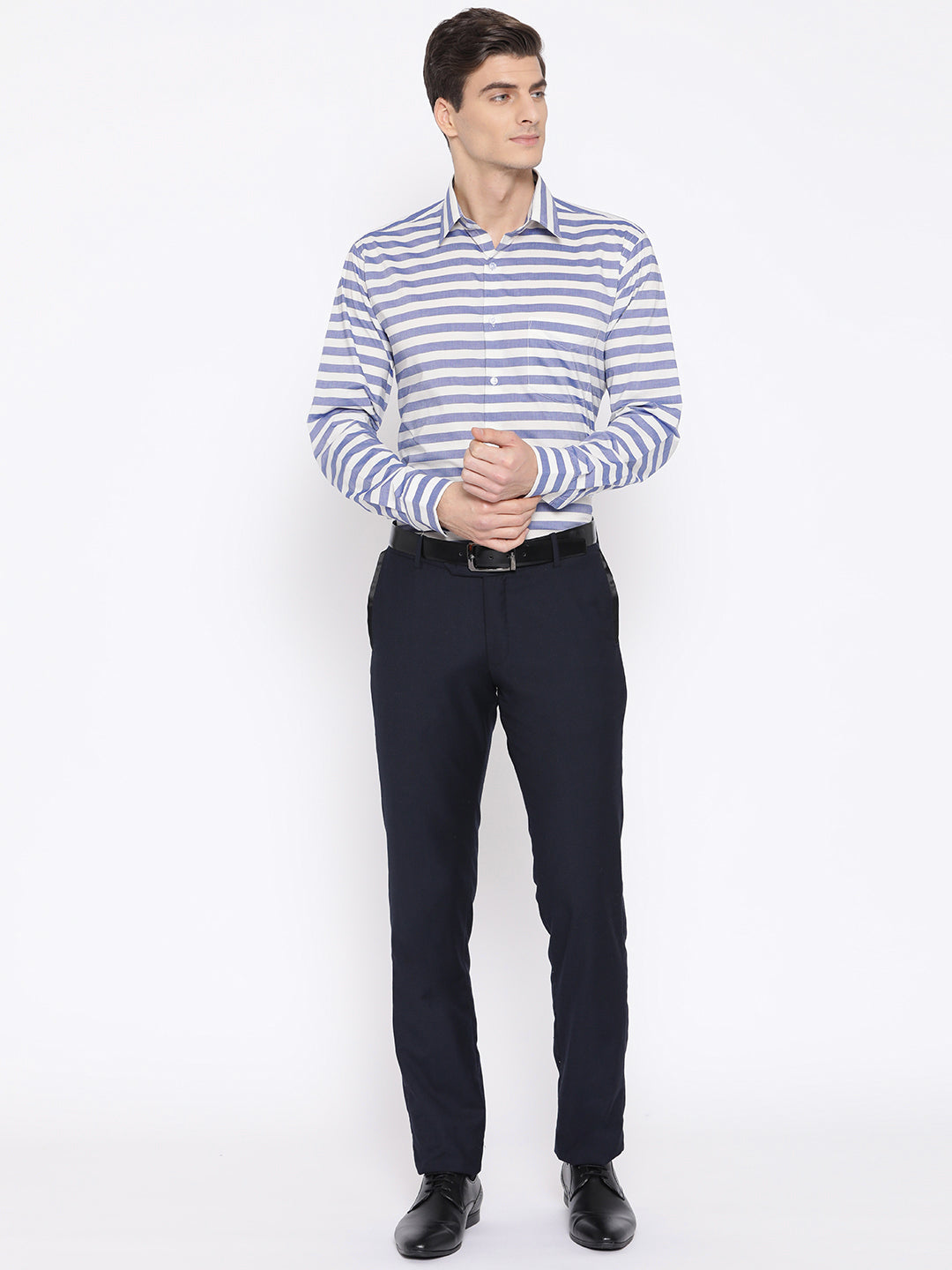 Men Blue & White Pure Cotton Striped Slim Fit Formal Shirt