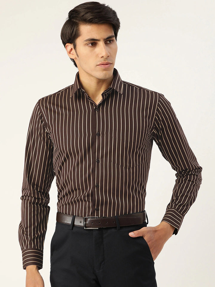Men Brown Stripes Pure Cotton Slim Fit Formal Shirt