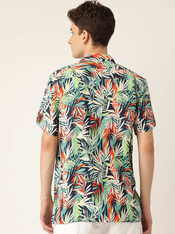Men Beige & Navy Printed Pure Cotton Relaxed Fit Casual Resort Shirt