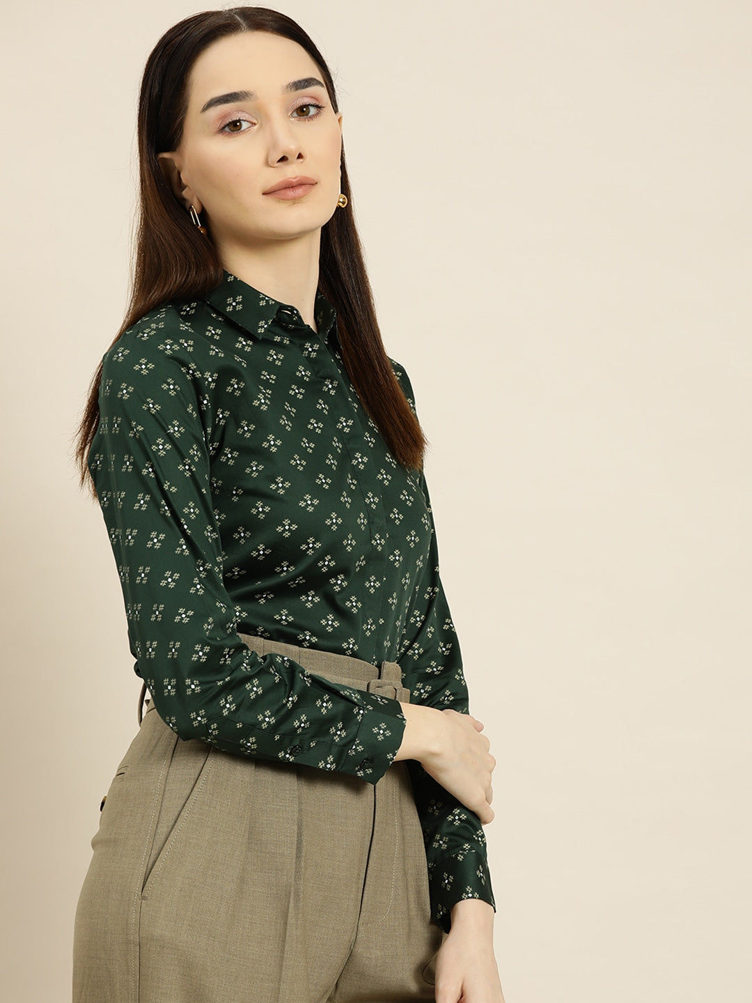 Women Green Prints Pure Cotton Slim Fit Formal Shirt