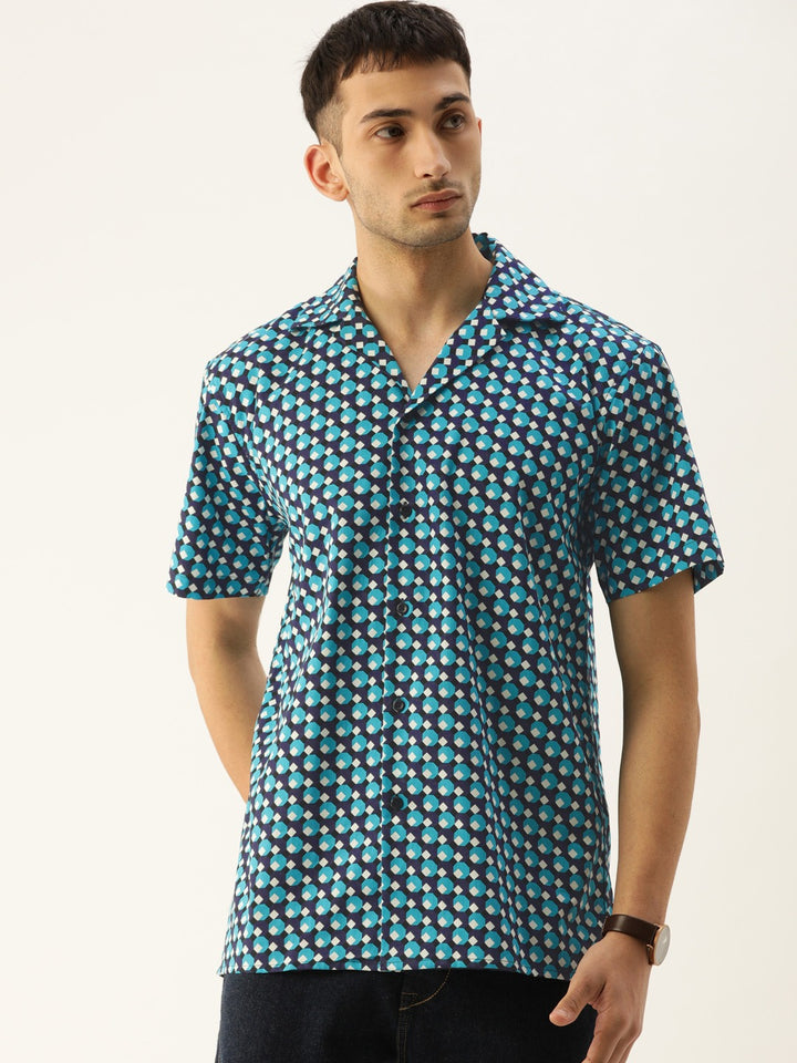 Men Navy & Blue Printed Pure Cotton Relaxed Fit Casual Resort Shirt