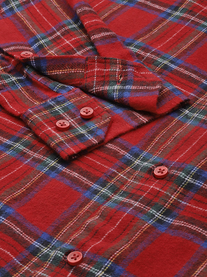 Men Red & Navy Checked Pure Cotton Slim Fit Casual Shirt