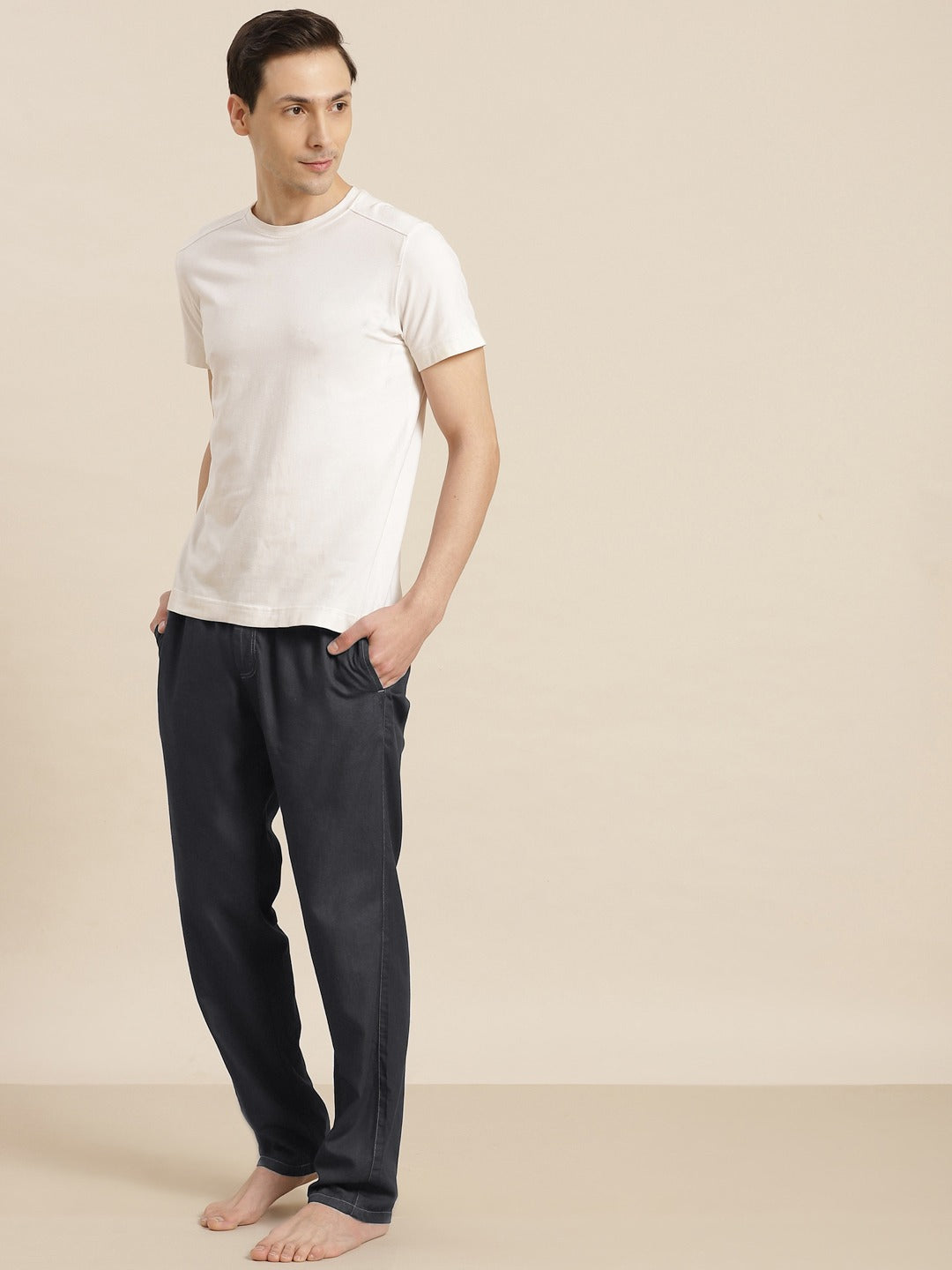 Men New Dark Blue Solid Denim Cotton Relaxed Fit Casual Lounge Pant