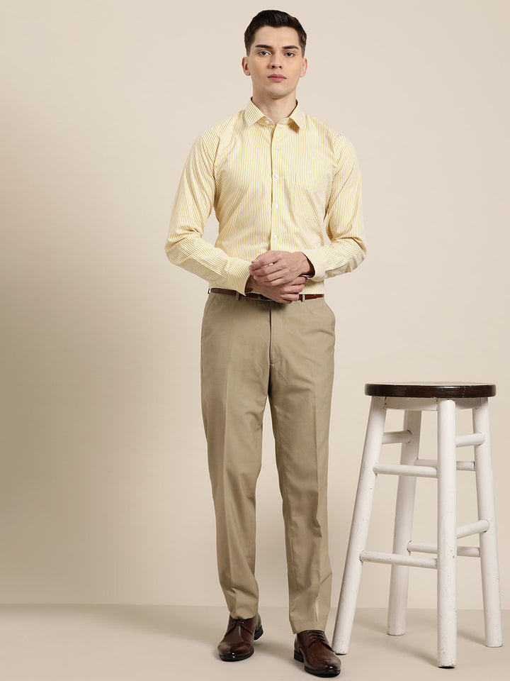 Men White & Yellow Stripes Pure Cotton Slim Fit Formal Shirt