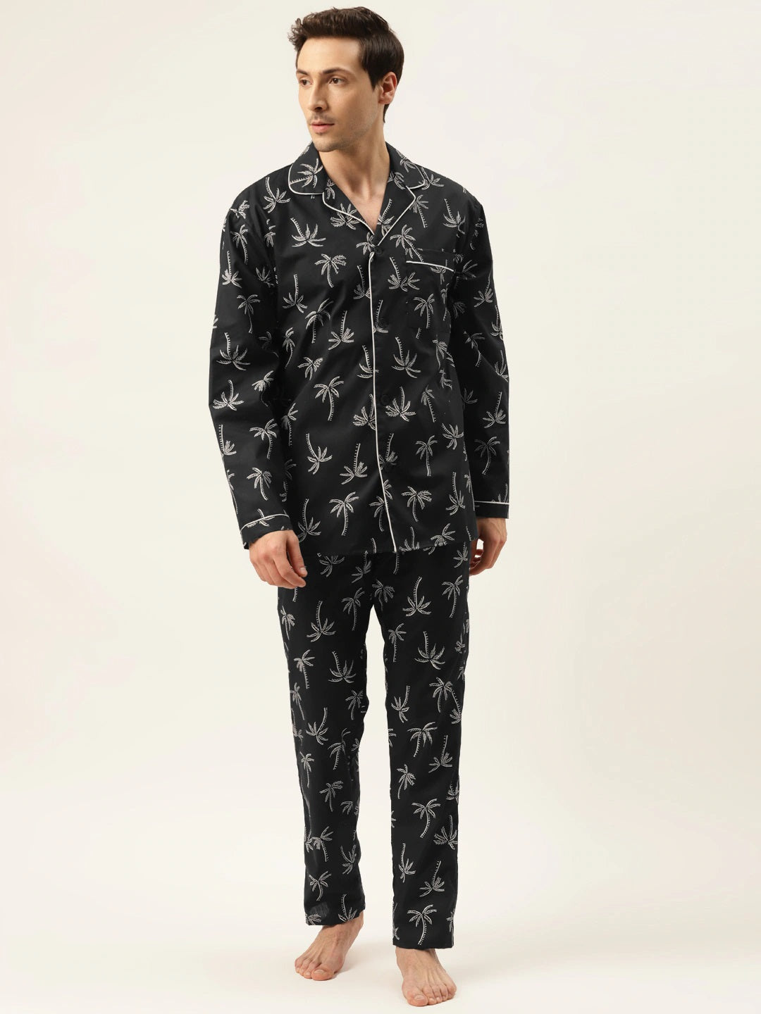 Men Black Prints Pure Cotton Regular Fit Night Wear Night Suit