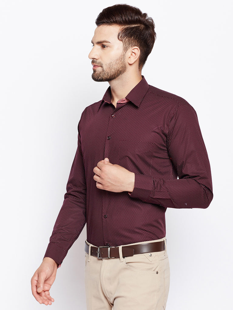 maroon polka dot shirt