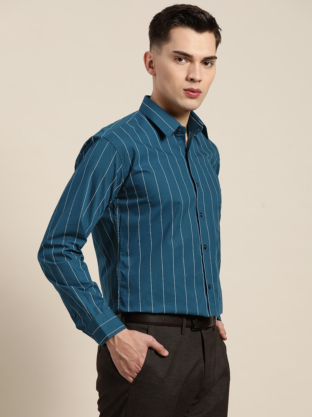 Men Turquoise Blue Stripes Pure Cotton Slim Fit Formal Shirt