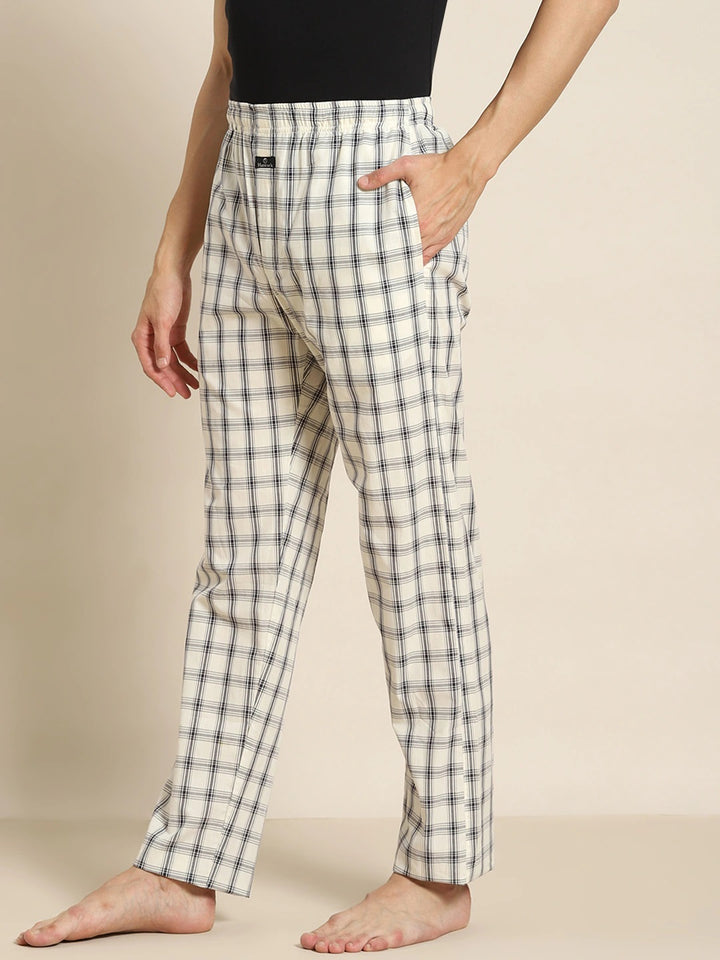 Men Cream-Grey Checks Pure Cotton Relaxed Fit Casual Lounge Pant