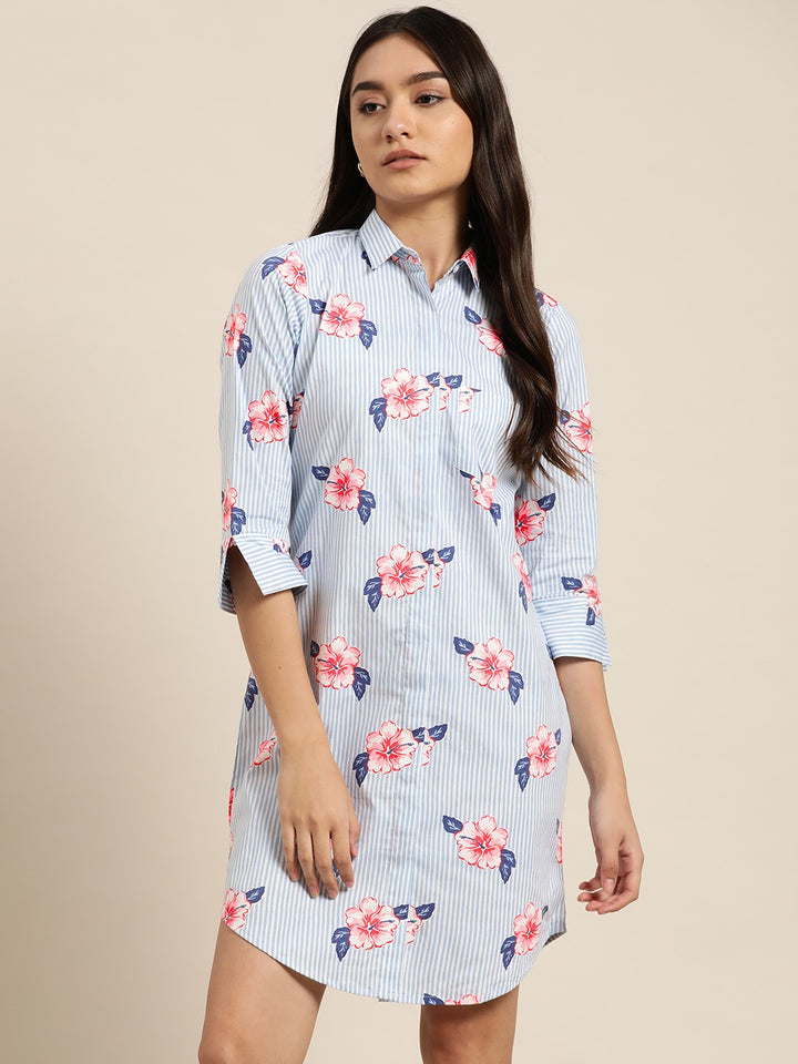 Women White-Blue Prints Pure Cotton Regular Fit Formal Dress