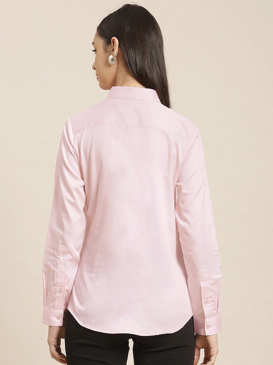 Women Pink Solid Satin Pure Cotton Slim Fit Formal Shirt