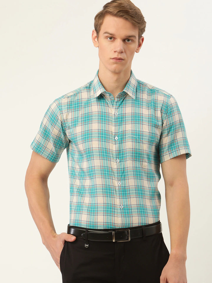Men Beige & Green Checks Pure Cotton Slim Fit Formal Shirt