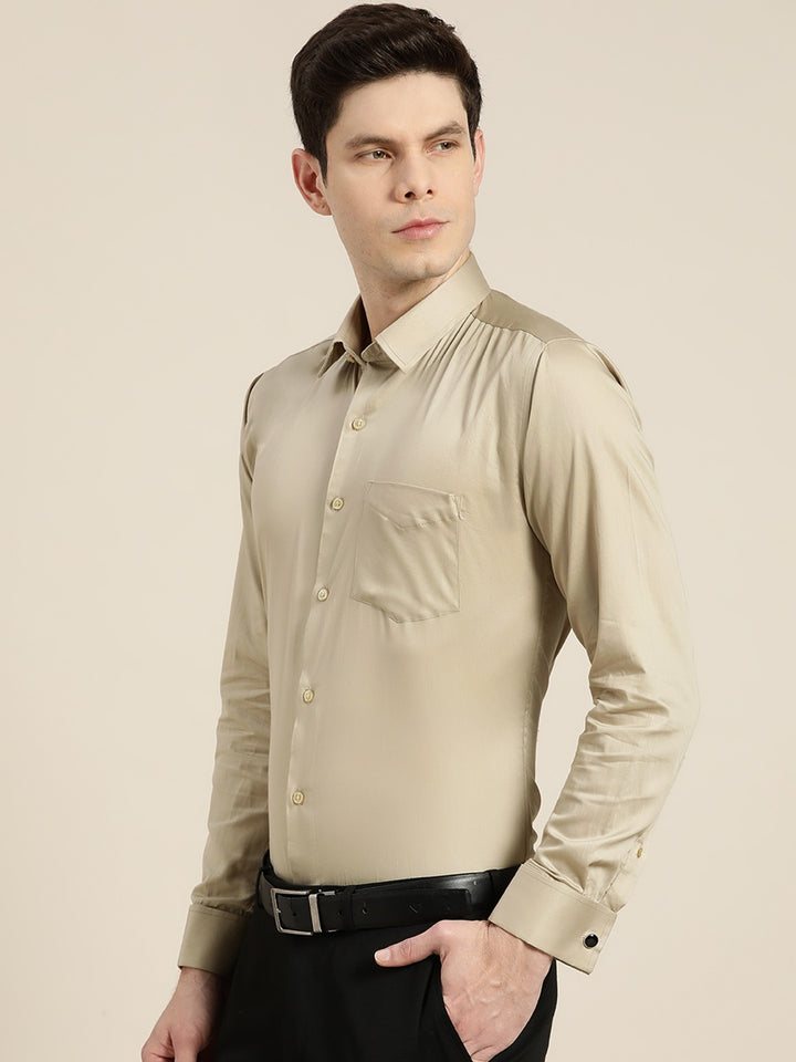 Men Beige Solid Satin French Cuff Pure Cotton Slim Fit Formal Shirt