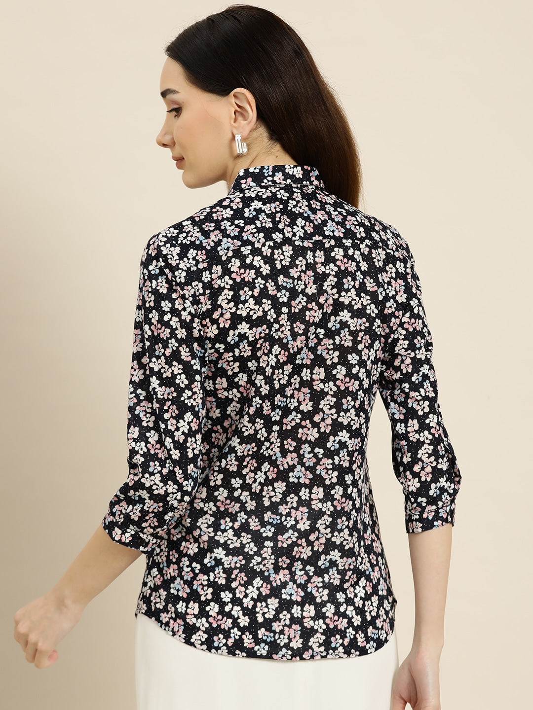 Women Navy Prints Pure Cotton Slim Fit Formal Shirt