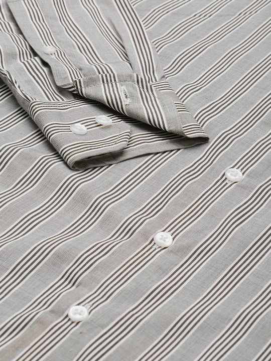 Men Grey & Black Striped Pure Cotton Slim Fit Formal Shirt