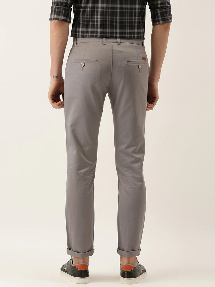 Men Stone Grey Solids Pure Cotton Slim Fit Formal Trouser