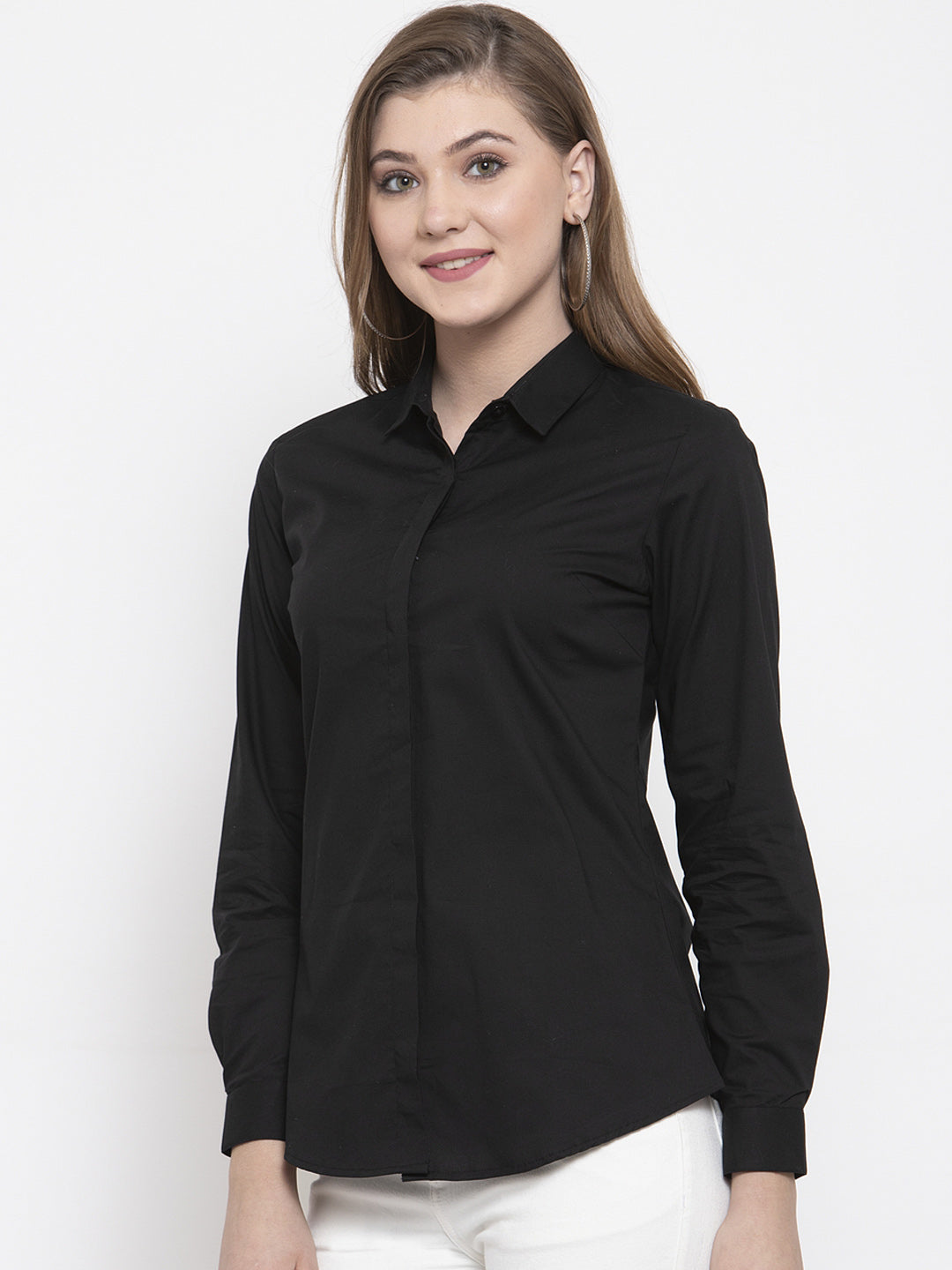 Women Black Cotton Solid Slim Fit Formal Shirt