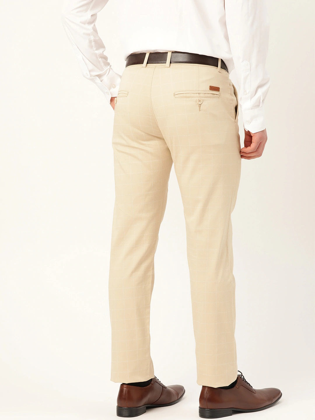 Men Dark Beige Checks Cotton Elastene Slim Fit Formal Trouser