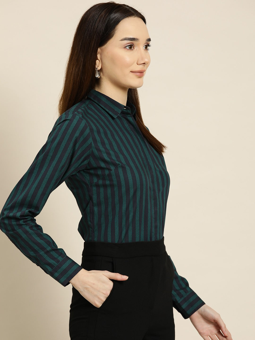 Women Navy-Green Stripes Pure Cotton Slim Fit Formal Shirt