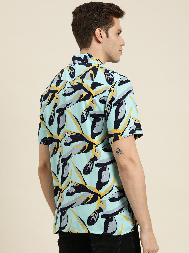 Men Blue-Navy Prints Viscose Rayon Relaxed Fit Casual Resort Shirt