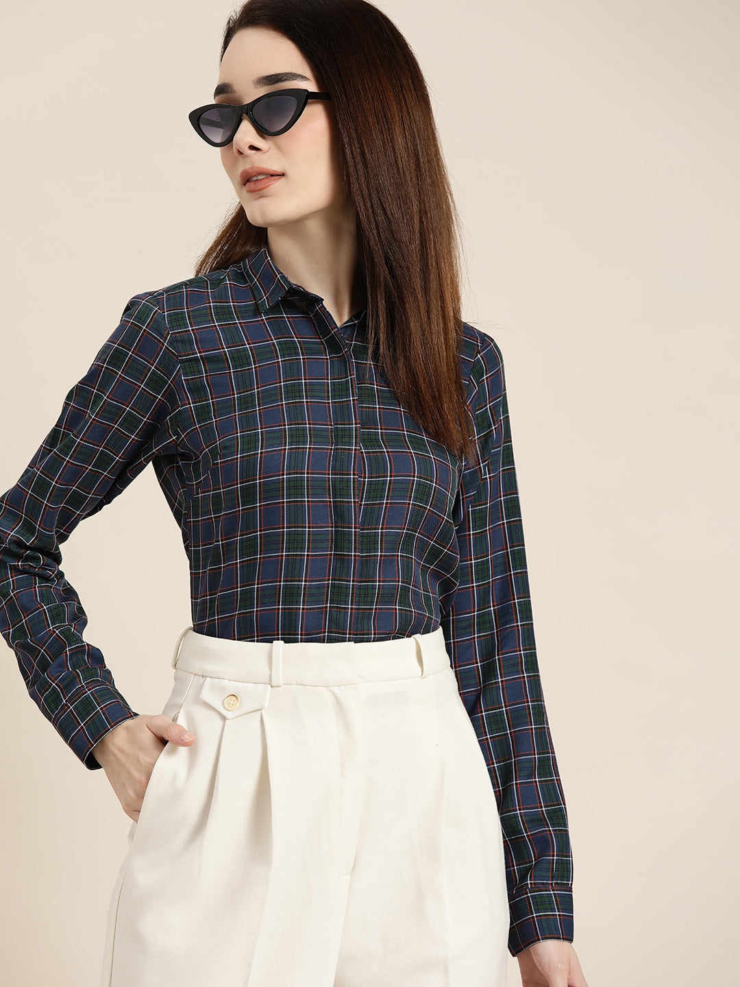 Women Green & Navy Checked Pure Cotton Slim Fit Formal Shirt