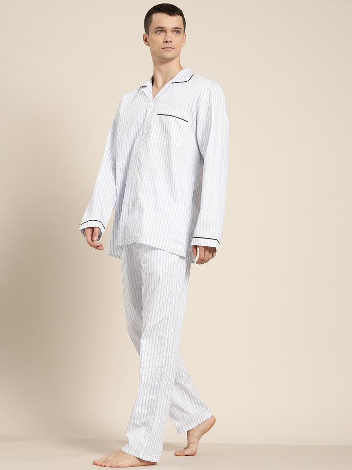 Men White Stripes Pure Cotton Regular Fit Night Wear Night Suit