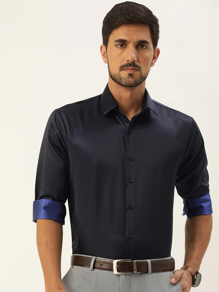 Men Navy Solids Polyester Slim Fit Formal Shirt