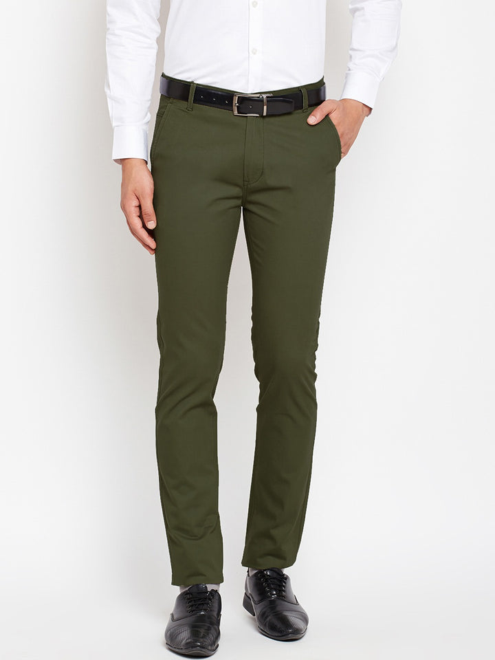 Men Dark Olive Solids Pure Cotton Slim Fit Formal Trouser