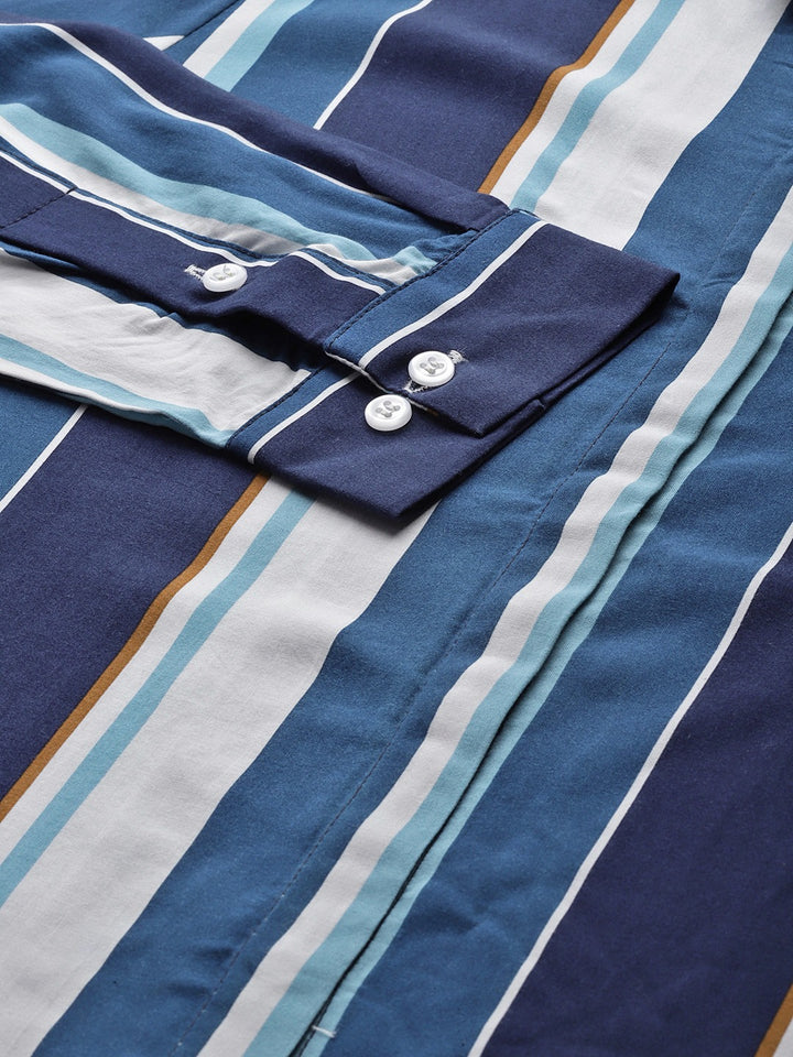 Women White & Blue Stripes Viscose Rayon Slim Fit Formal Shirt