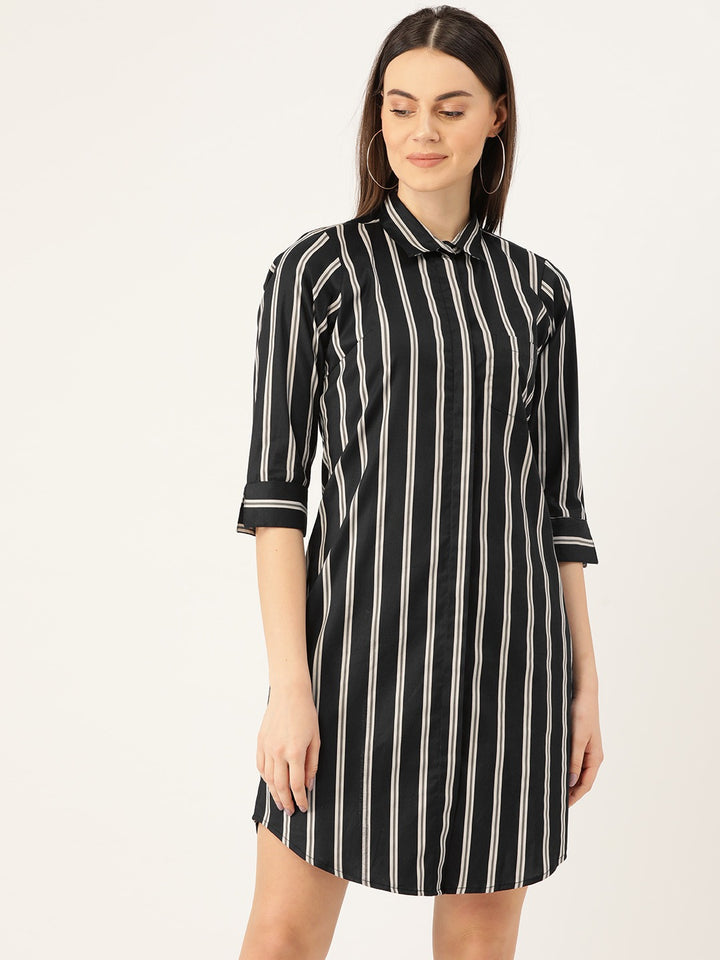 Women Black & Grey Stripes Pure Cotton Regular Fit Formal Dress
