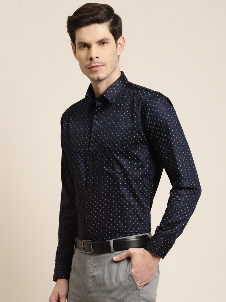 Men Navy Blue Prints Pure Cotton Slim Fit Formal Shirt