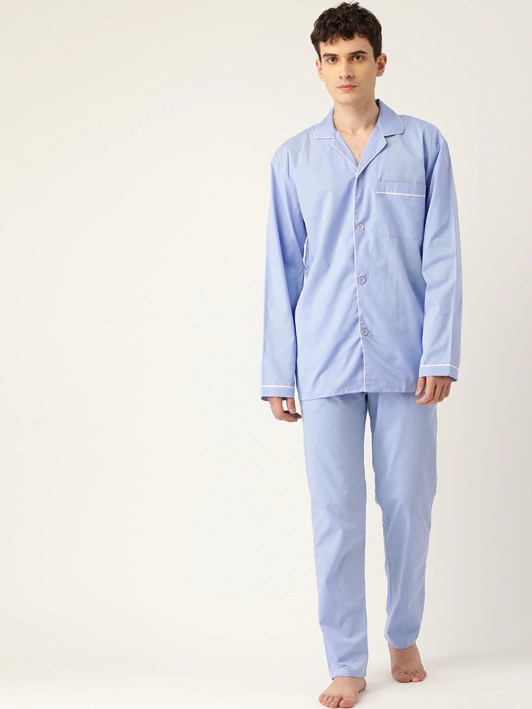Men Blue Solids Pure Cotton Regular Fit Night Wear Night Suit