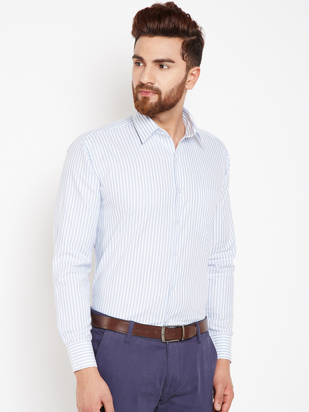 Men Blue Stripes Pure Cotton Regular Fit Formal Shirt