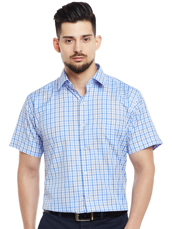 Men White & Blue Checked Slim Fit Formal Shirt