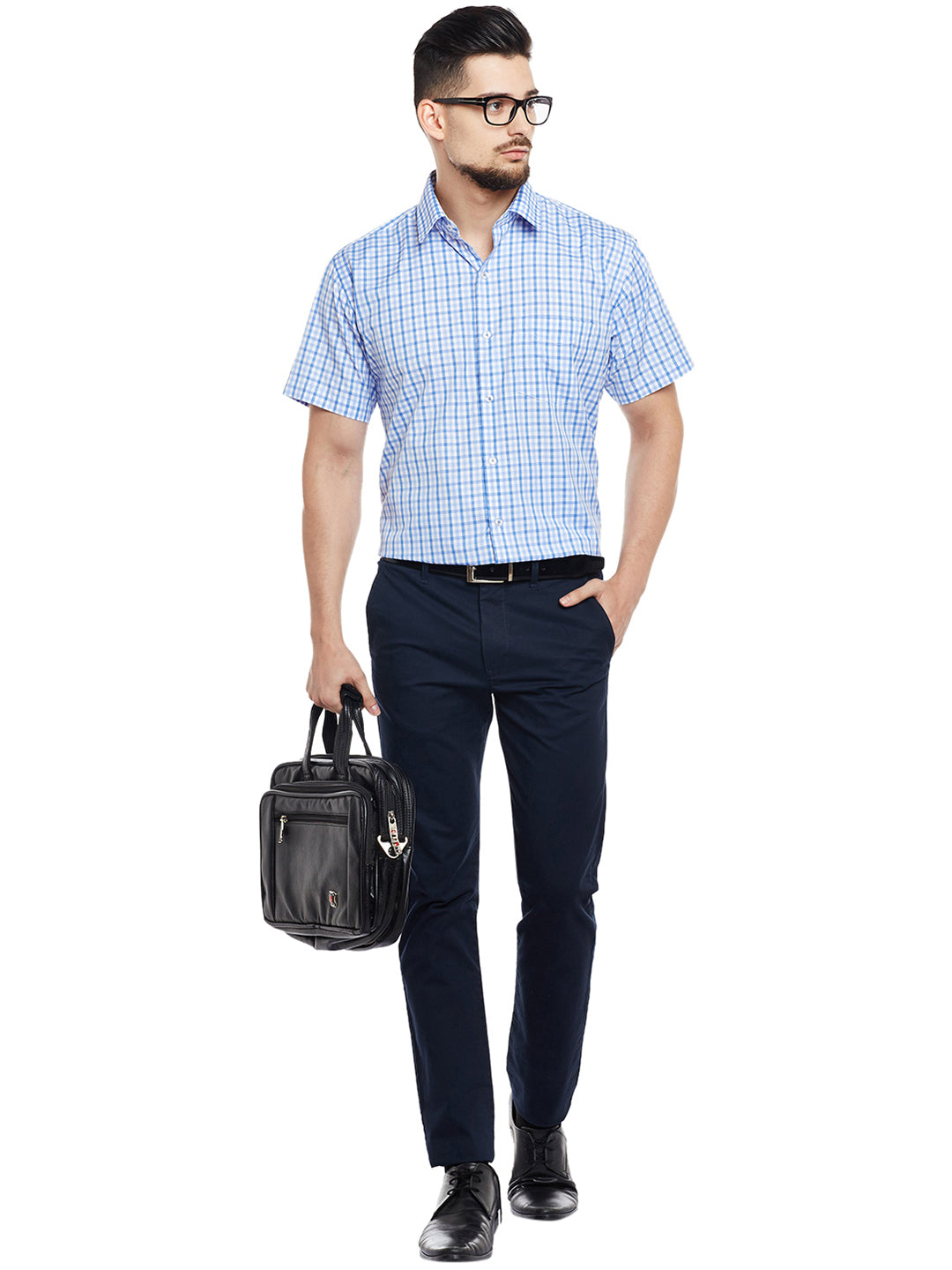 Men White & Blue Checked Slim Fit Formal Shirt