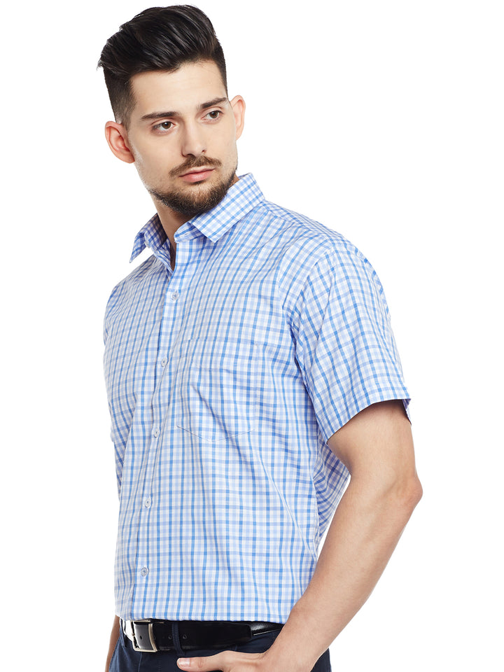 Men White & Blue Checked Slim Fit Formal Shirt