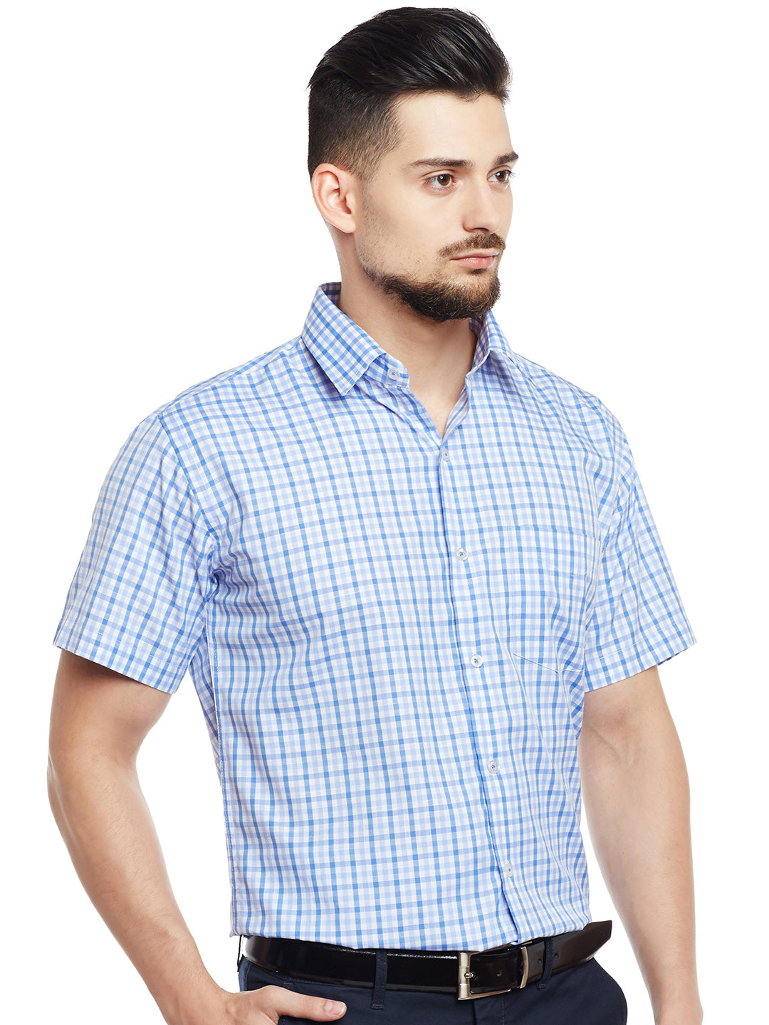 Men White & Blue Checked Slim Fit Formal Shirt