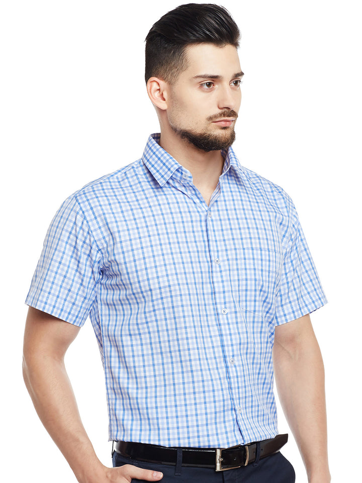 Men White & Blue Checked Slim Fit Formal Shirt