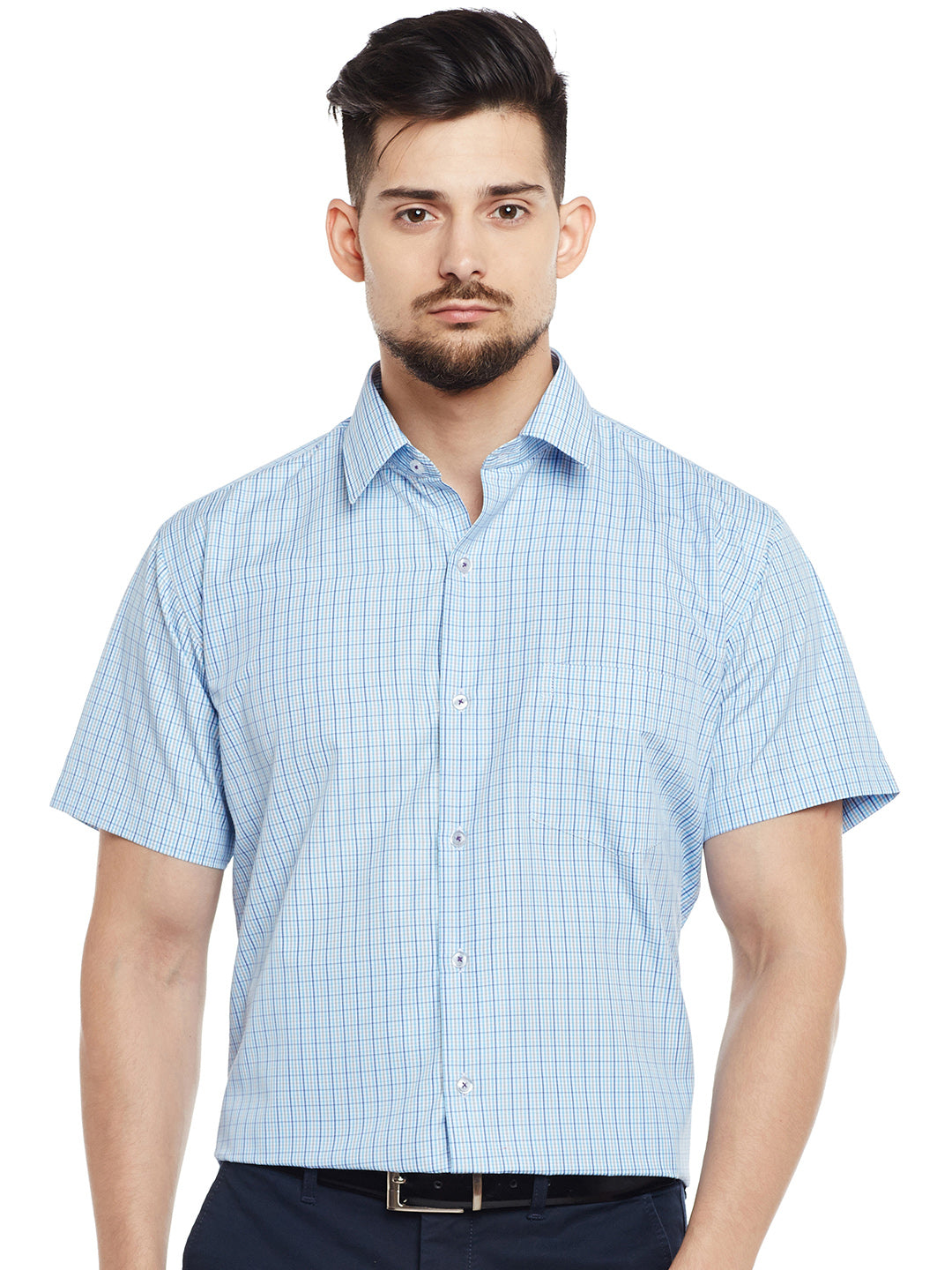 Men White & Blue Checked Slim Fit Formal Shirt