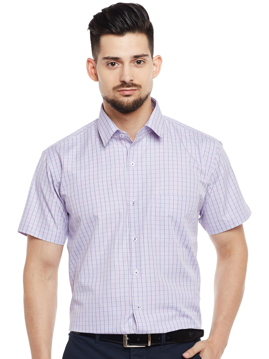 Men White & Purple Checked Slim Fit Formal Shirt